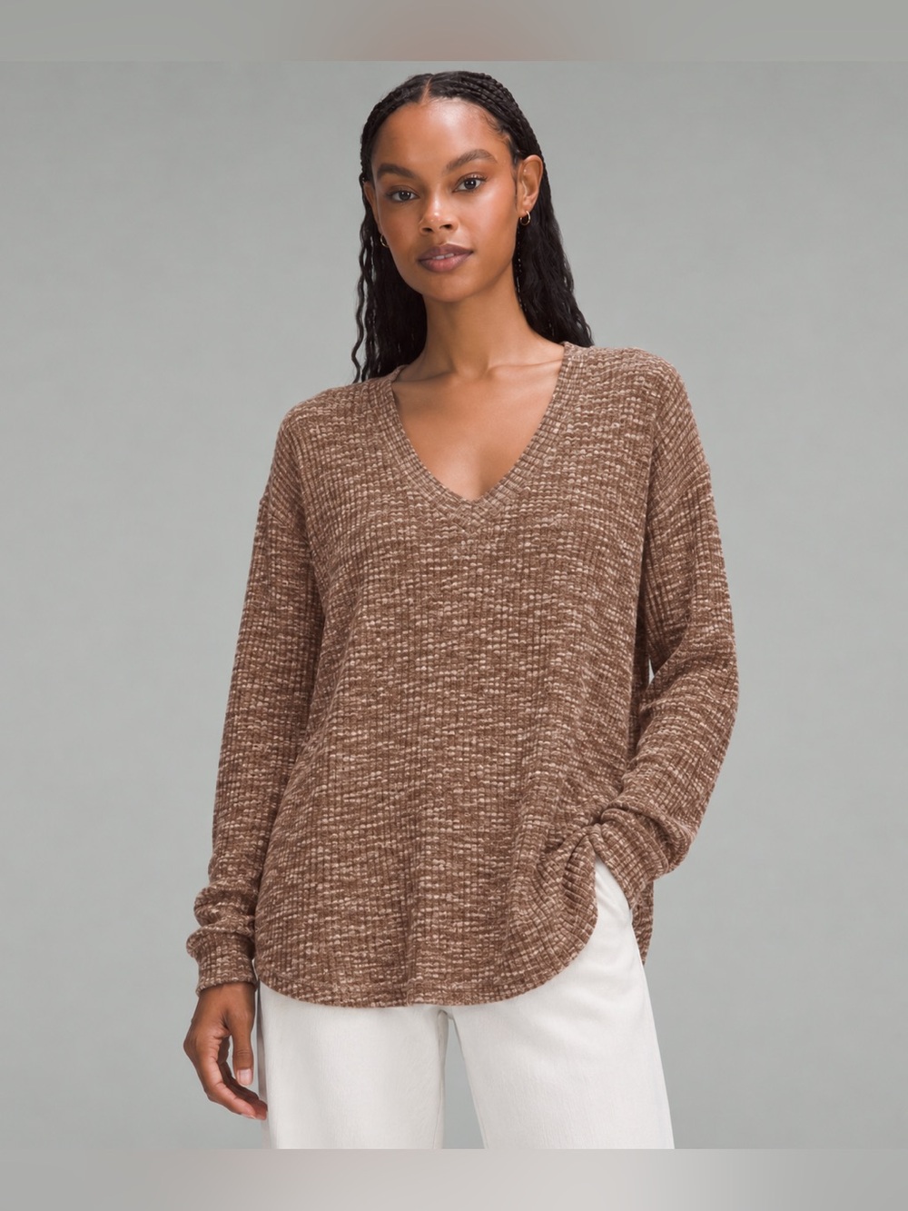 Abercrombie & Fitch Oversized Soft Ribbed Tunic V Neck Long Sleeve Brown XS *C